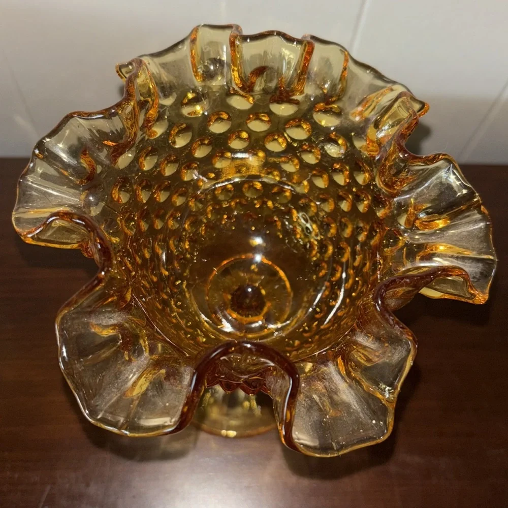 Vintage Fenton Amber Hobnail Glass Compote Pedestal Bowl 1950s